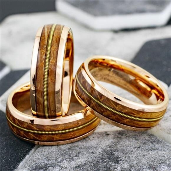 Wedding Band Rings Rose Gold Whiskey Barrel Wood Guitar Design Wedding Rings - Picture 4 of 7